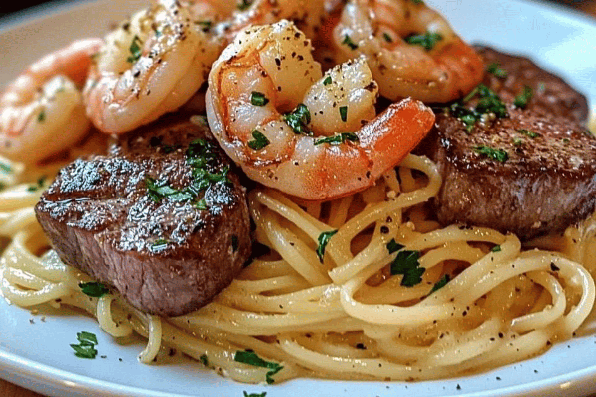 Steak and Shrimp Scampi Over Pasta