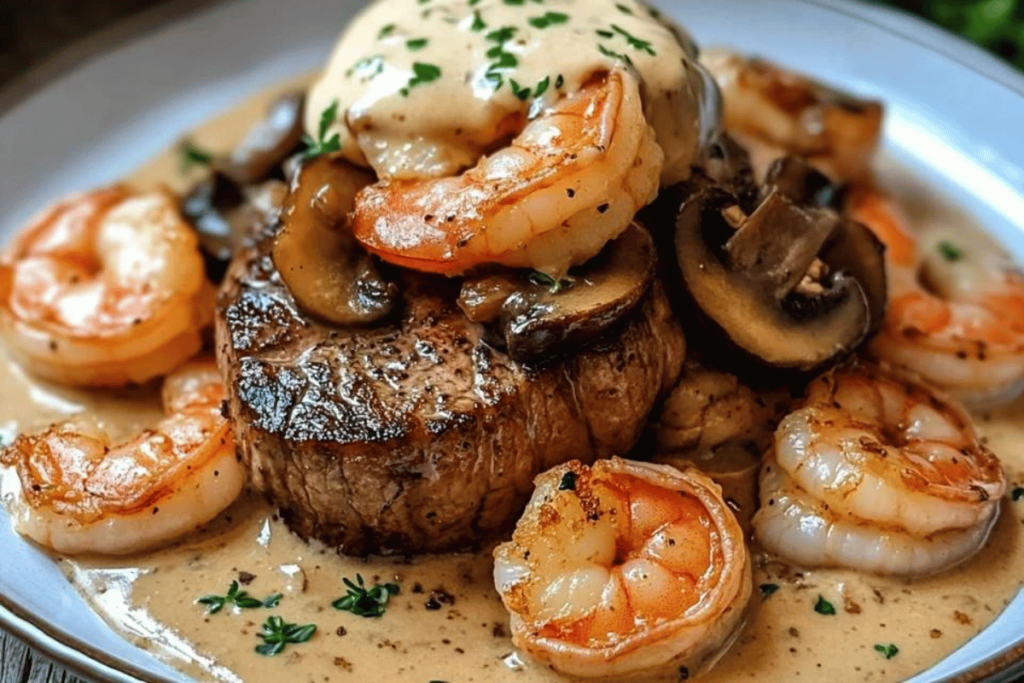 Steak and Shrimp with Mushroom Cream Sauce