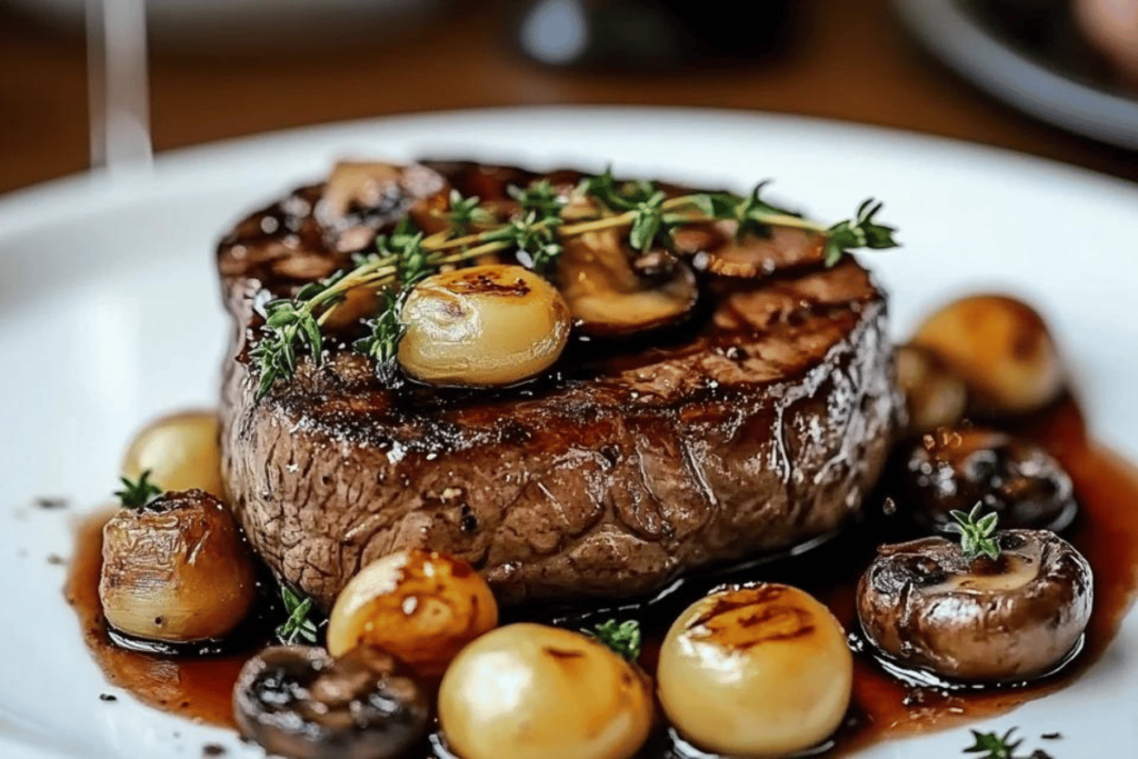 Steak d'Entrecôte with Mushrooms and Onions